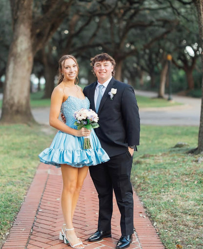 Strapless Blue Satin Homecoming Dress Pearl Beaded Short Dress  J10638