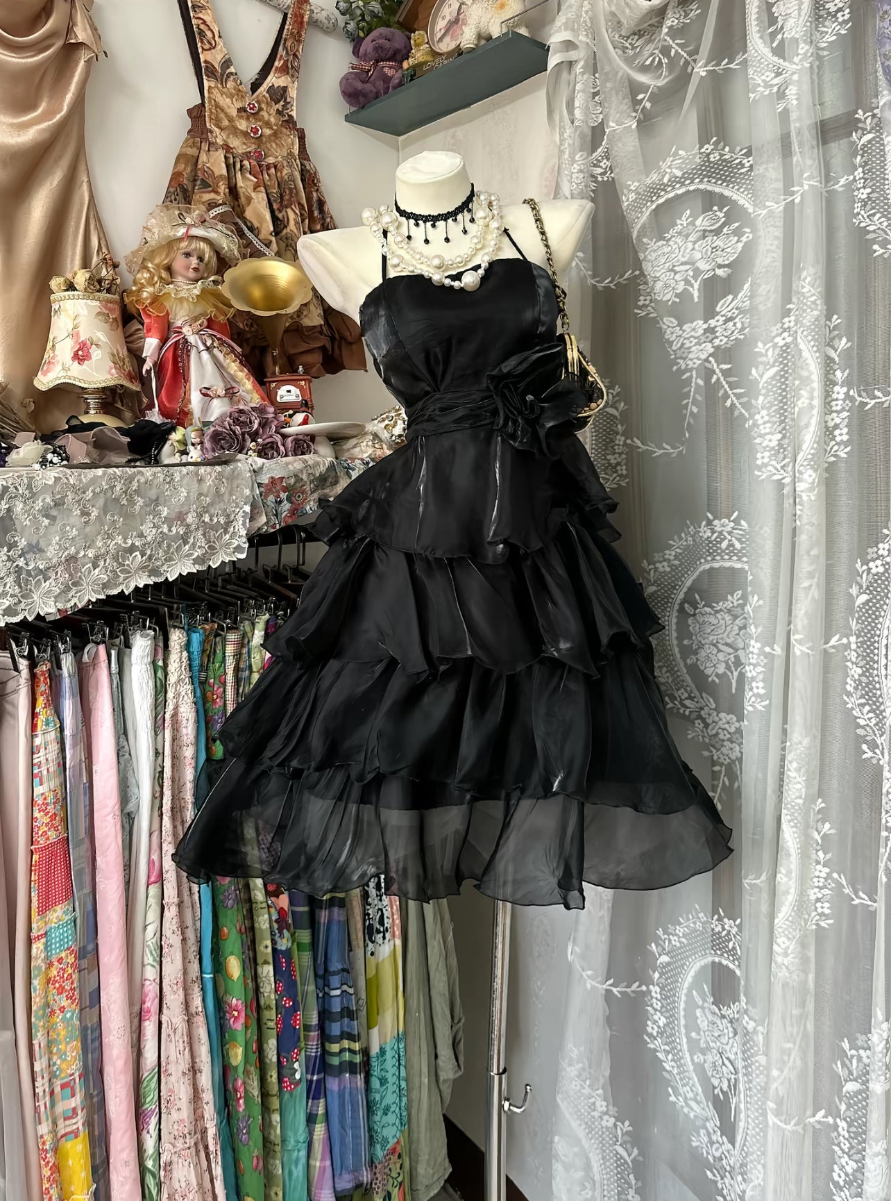 Spaghetti Straps Black A Line Short Prom Dress Layered Party Gown J8523