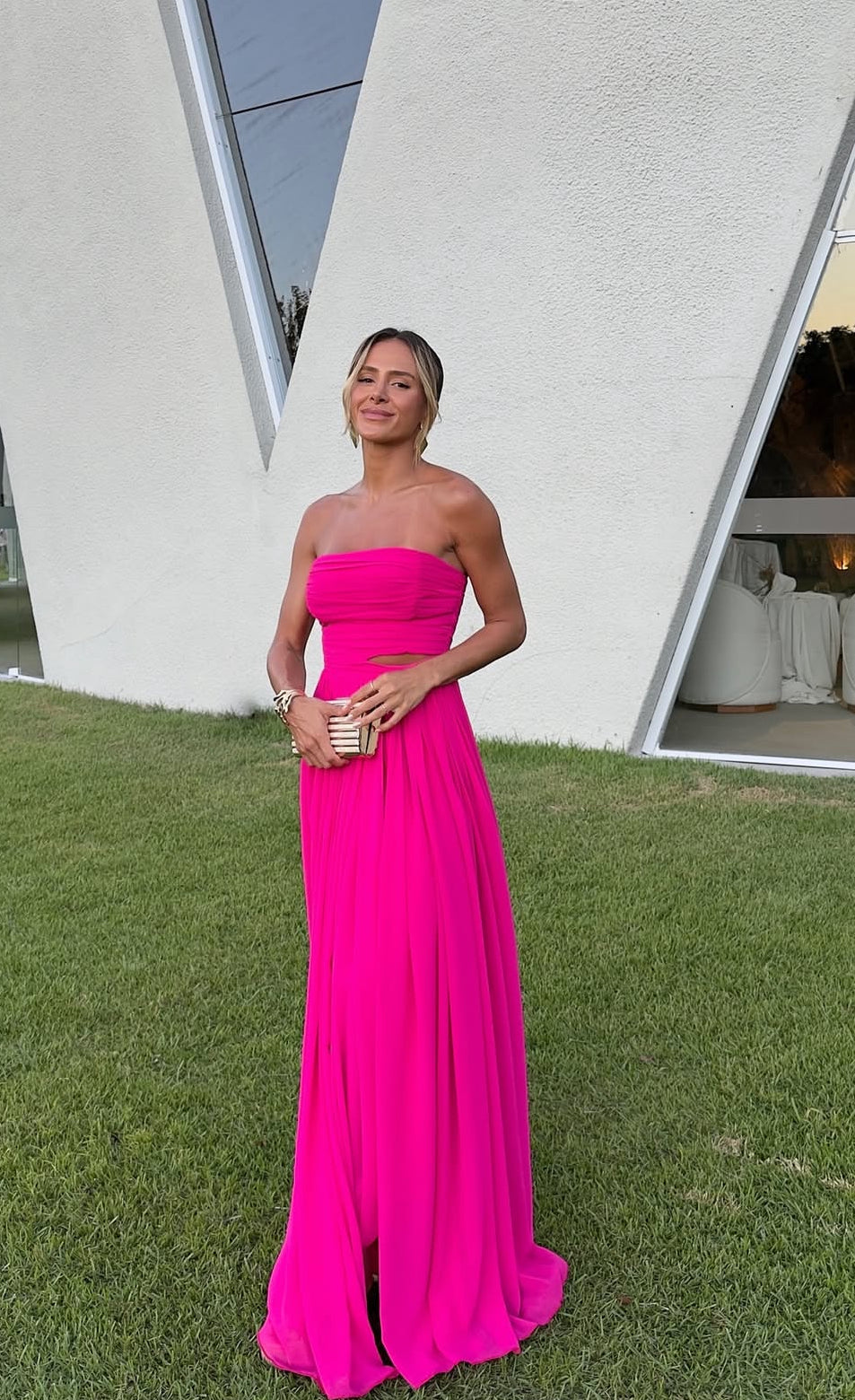 Strapless Hot Pink A Line Chiffon Wedding Guest Dress Evening Party Dress J7071