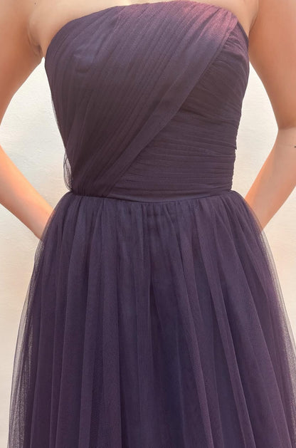 Strapless Purple A Line Long Prom Dress Tulle Party Dress J8568