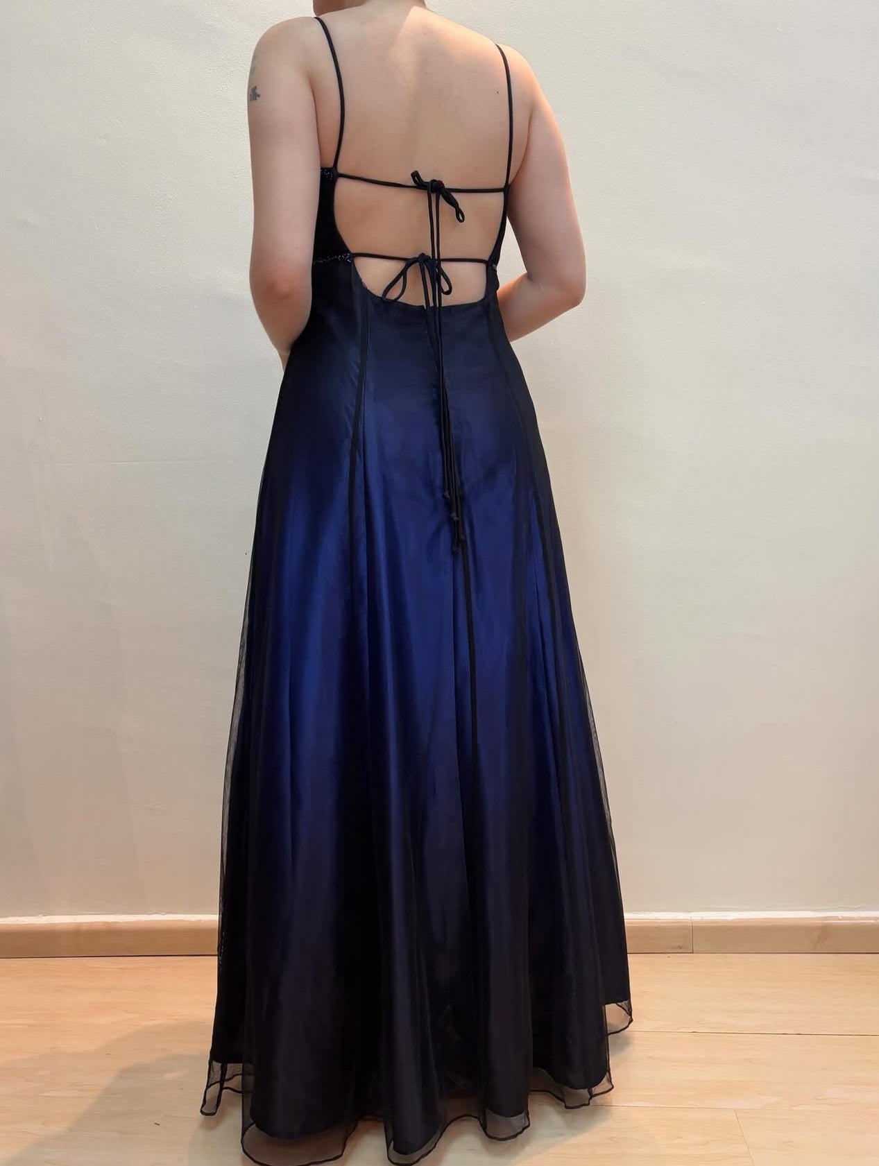 Spaghetti Straps A Line Beaded Blue Vintage Long Prom Dress J8582