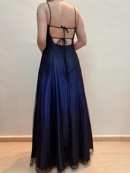 Spaghetti Straps A Line Beaded Blue Vintage Long Prom Dress J8582
