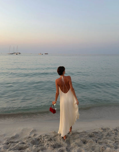 Robe d'été longue plissée dos nu, robe de bal, robe d'invitée de mariage J8003