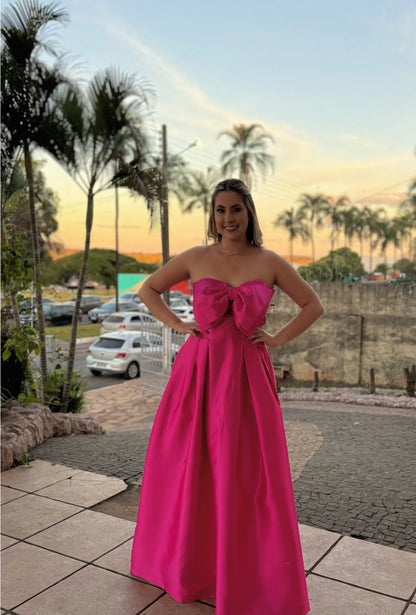 Robe de bal trapèze rose vif en satin avec nœud papillon et robe d'invitée de mariage J7811