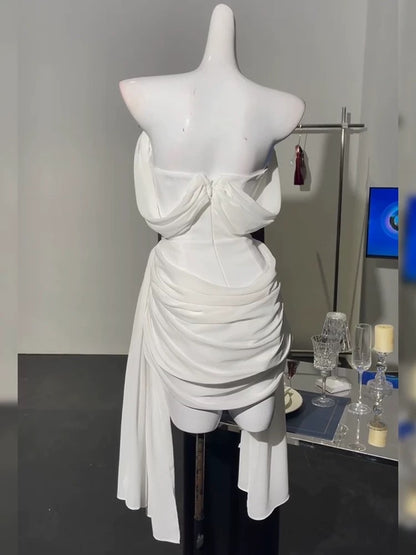 Trägerloses weißes Chiffon-Heimkehrkleid, Geburtstagskleid J7304