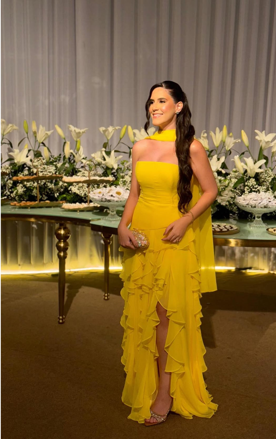 Strapless A Line Yellow Ruffle Wedding Guest Dress Long Prom Dress J7838