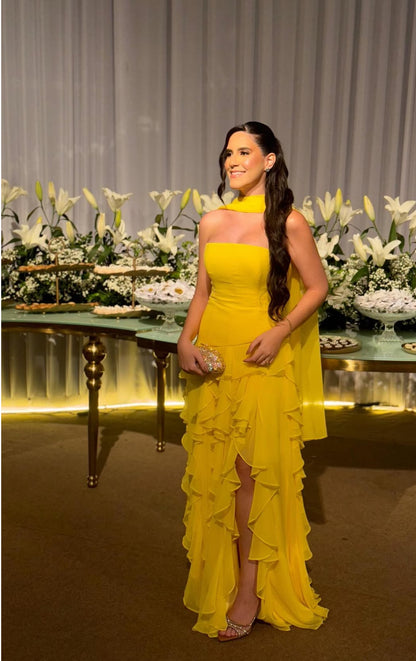 Strapless A Line Yellow Ruffle Wedding Guest Dress Long Prom Dress J7838