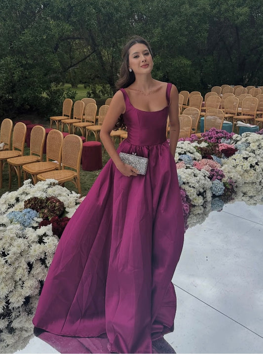 Fuchsia A Line Satin Wedding Guest Dress Formal Prom Dress  J9915
