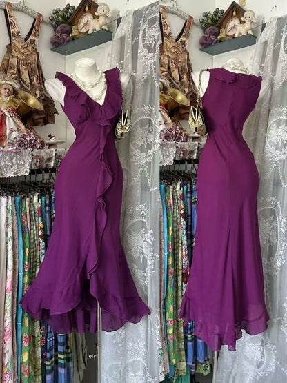 Fuchsia Mermaid Chiffon Evening Dress Ruffled Party Dress  J10919