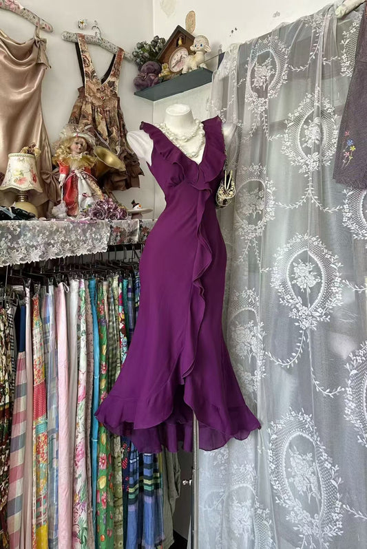 Fuchsia Mermaid Chiffon Evening Dress Ruffled Party Dress  J10919