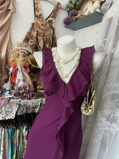 Fuchsia Mermaid Chiffon Evening Dress Ruffled Party Dress  J10919