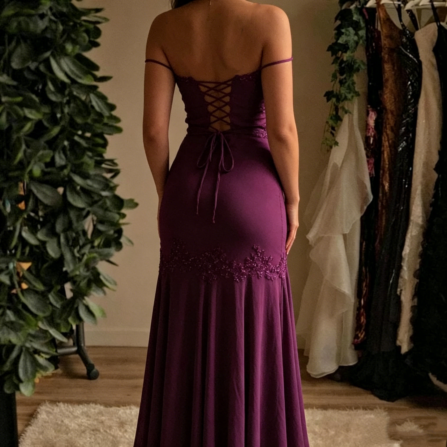 Robe de bal bustier violette en satin avec appliques, robe de soirée formelle J9413