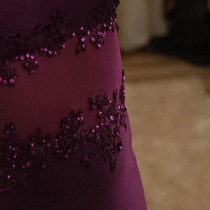 Robe de bal bustier violette en satin avec appliques, robe de soirée formelle J9413