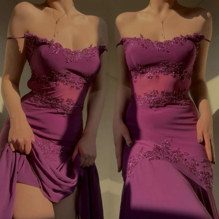 Robe de bal bustier violette en satin avec appliques, robe de soirée formelle J9413