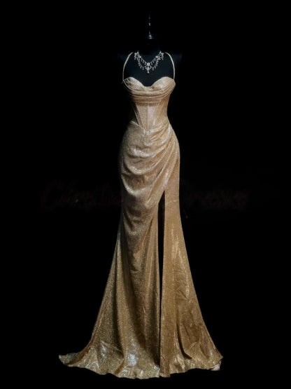Gold Sparkle Formal Prom Dress Mermaid Evening Gowns With Slit J10173