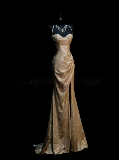 Gold Sparkle Formal Prom Dress Mermaid Evening Gowns With Slit J10173