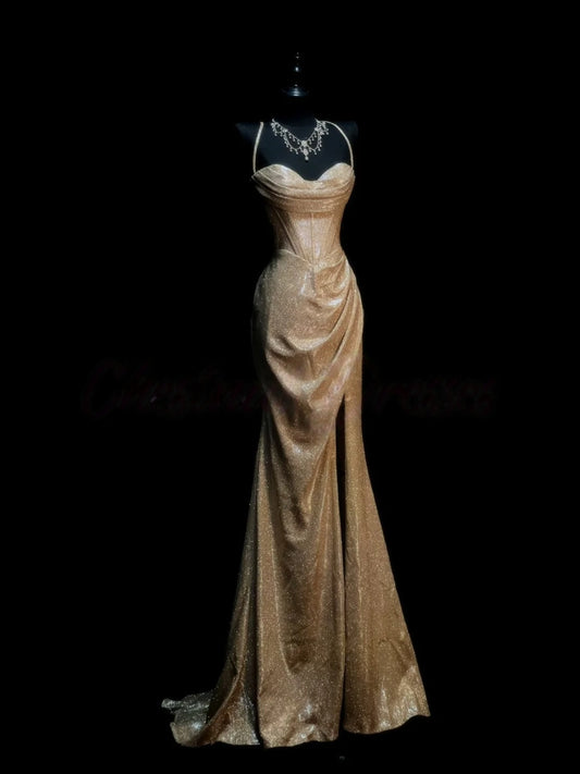 Gold Sparkle Formal Prom Dress Mermaid Evening Gowns With Slit J10173