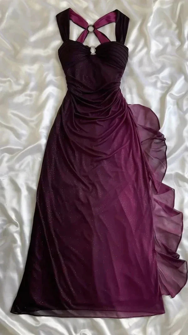 Grape Purple Chiffon Prom Dress Backless Evening Dress  J10202