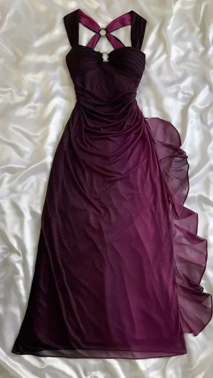 Grape Purple Chiffon Prom Dress Backless Evening Dress  J10202