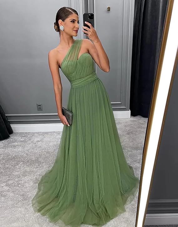 Green Long A Line Prom Dress Tulle Bridesmaid Dress 2367