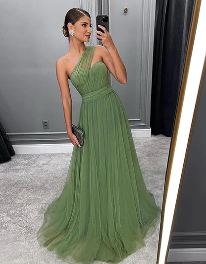 Green Long A Line Prom Dress Tulle Bridesmaid Dress 2367