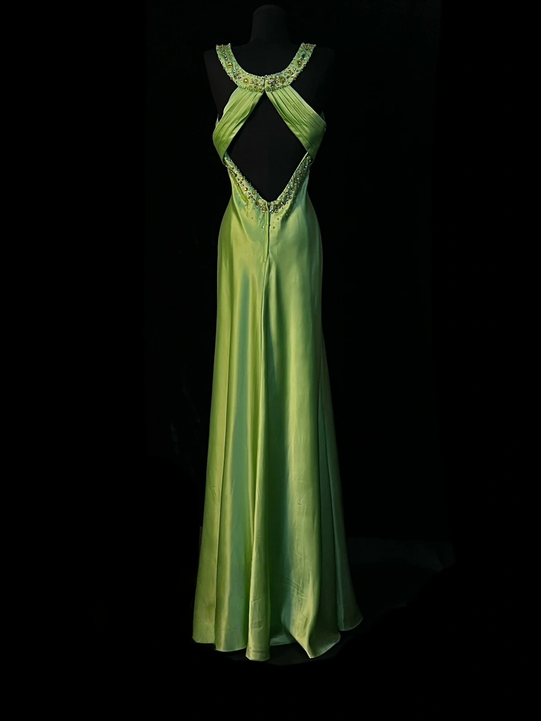 Green Satin Formal Prom Dress Beaded Evening Dress With Slit  J10132