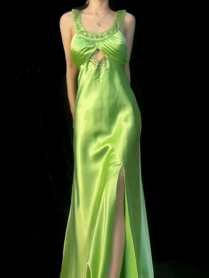 Green Satin Formal Prom Dress Beaded Evening Dress With Slit  J10132