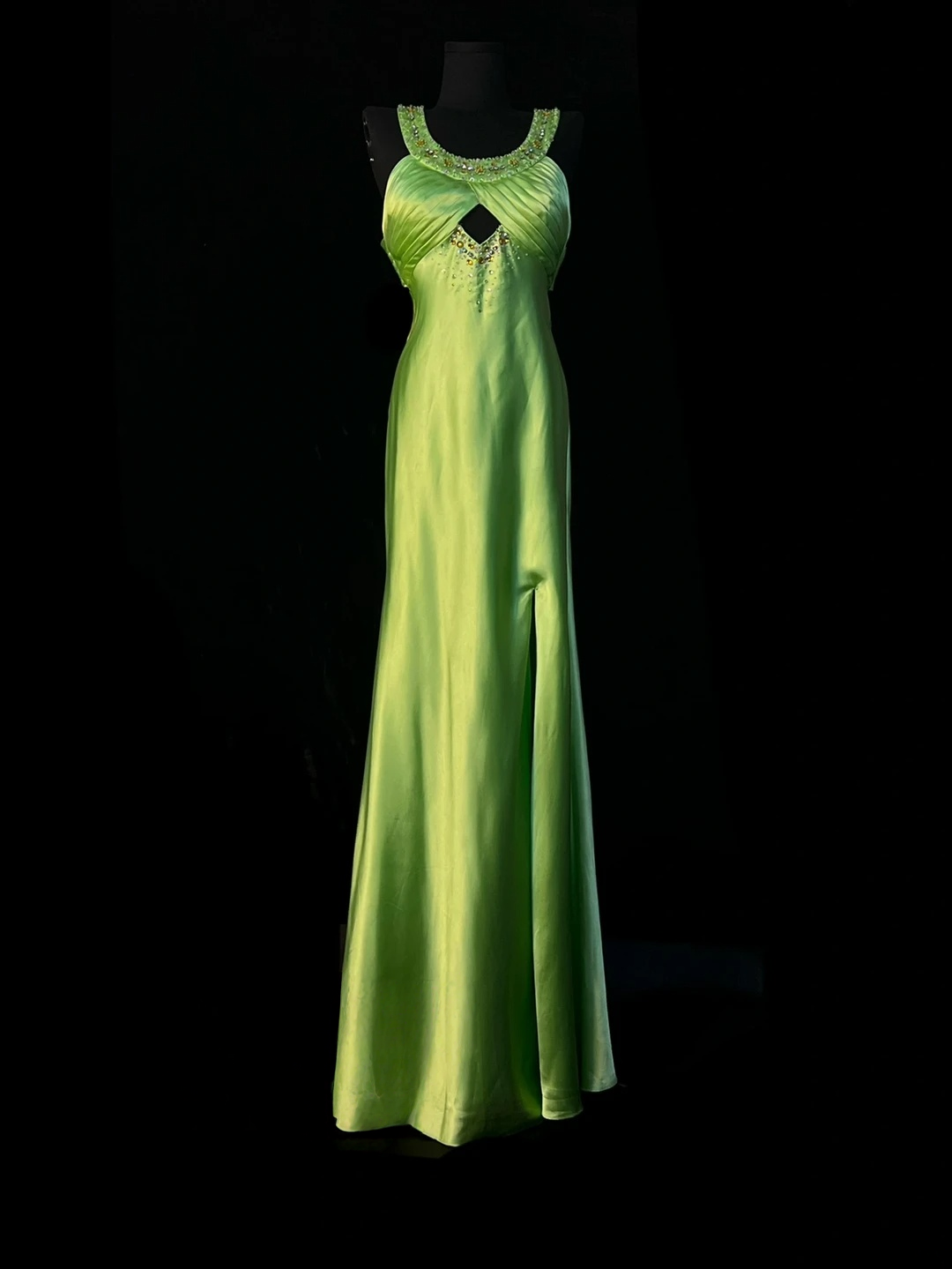 Green Satin Formal Prom Dress Beaded Evening Dress With Slit  J10132