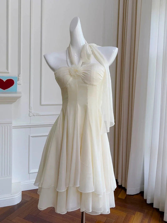 Halter A Line Beige Chiffon Homecoming Dress Short Cocktail Dress  J11023