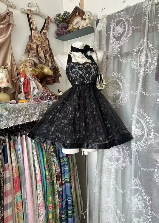 Halter A Line Black Homecoming Dress Lace Birthday Dress  J11015