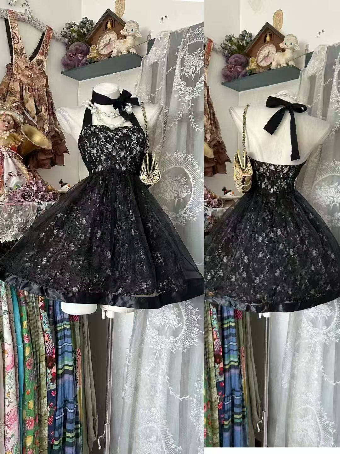 Halter A Line Black Homecoming Dress Lace Birthday Dress  J11015