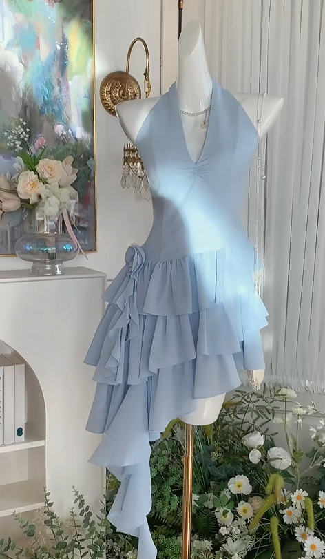 Halter A Line Blue Chiffon Homecoming Dress Layered Birthday Dress  J10989