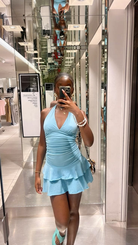 Halter A Line Blue Layered Homecoming Dress Short Party Dress J11080