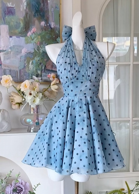 Halter A Line Blue Polka Dots Chiffon Homecoming Dress Short Birthday Dress  J10924