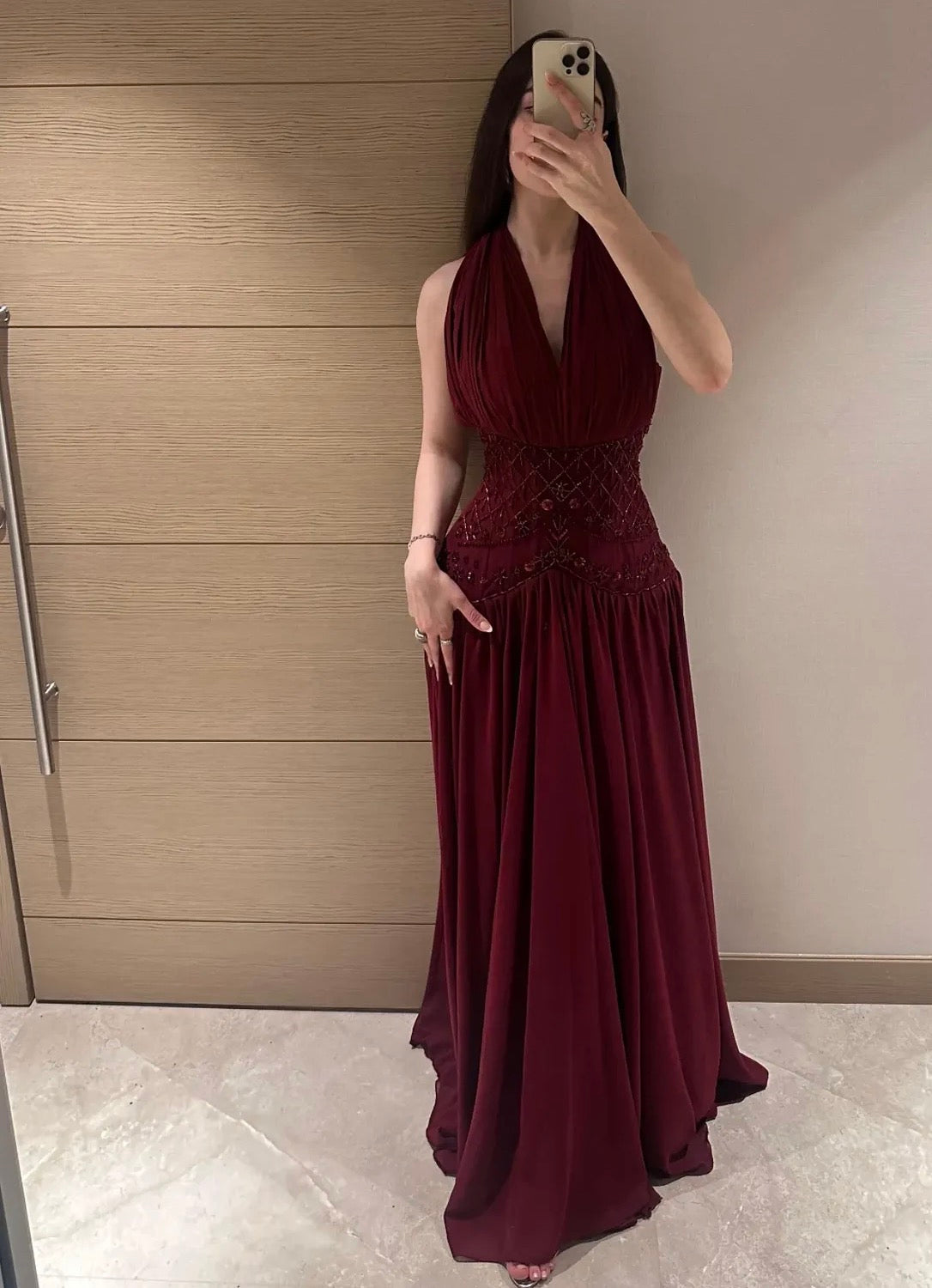 Halter A Line Burgundy Beaded Prom Dress Chiffon Wedding Guest Dress J10242