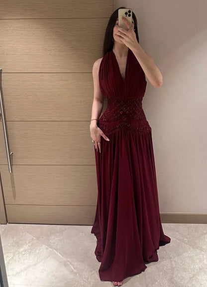 Halter A Line Burgundy Beaded Prom Dress Chiffon Wedding Guest Dress J10242