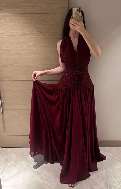 Halter A Line Burgundy Beaded Prom Dress Chiffon Wedding Guest Dress J10242