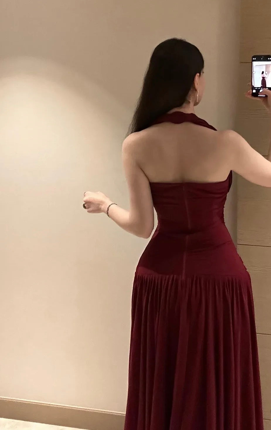 Halter A Line Burgundy Beaded Prom Dress Chiffon Wedding Guest Dress J10242
