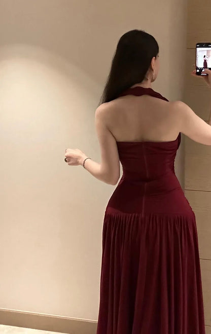 Halter A Line Burgundy Beaded Prom Dress Chiffon Wedding Guest Dress J10242