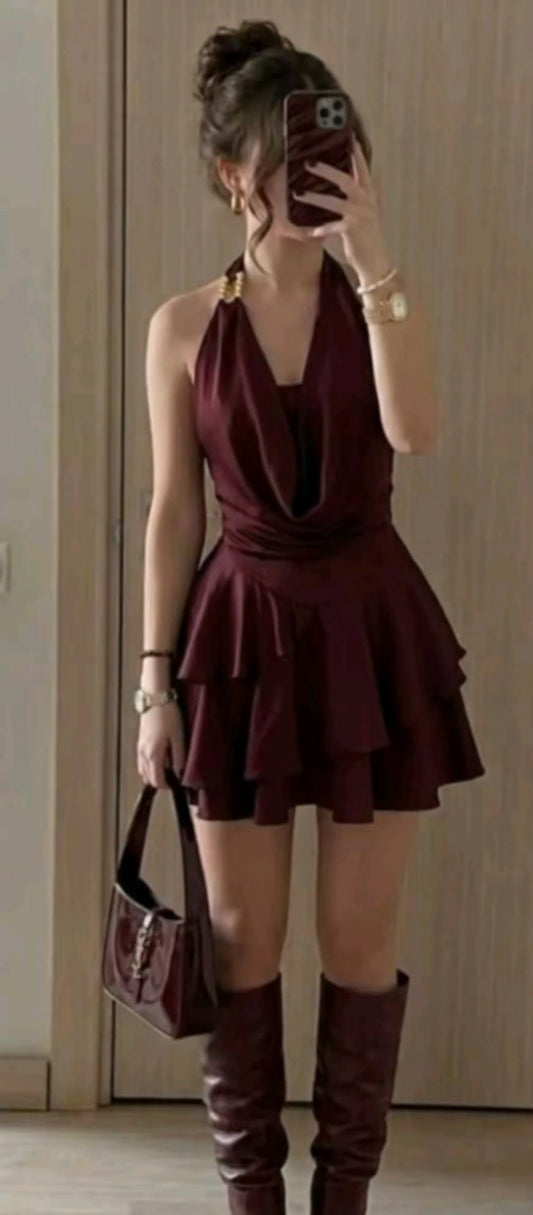Halter A Line Burgundy Birthday Outfit Short Homecoming Dress  J11688