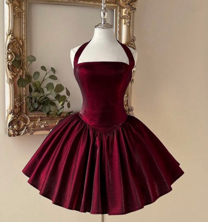 Halter A Line Burgundy Homecoming Dress Short Birthday Dress  J11356