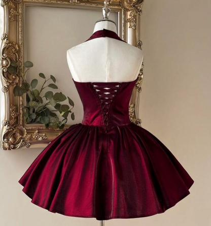 Halter A Line Burgundy Homecoming Dress Short Birthday Dress  J11356