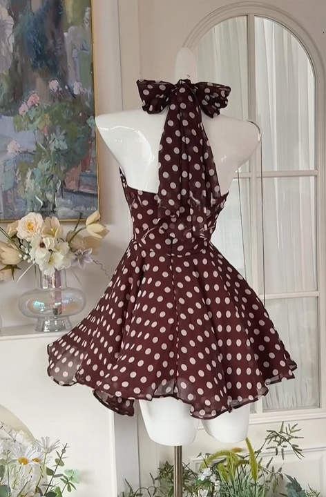 Halter A Line Burgundy Polka Dots Chiffon Homecoming Dress Short Birthday Dress J10926