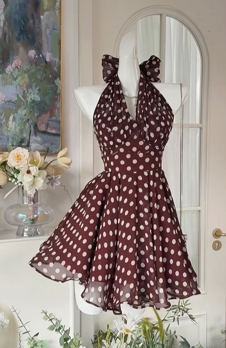 Halter A Line Burgundy Polka Dots Chiffon Homecoming Dress Short Birthday Dress J10926