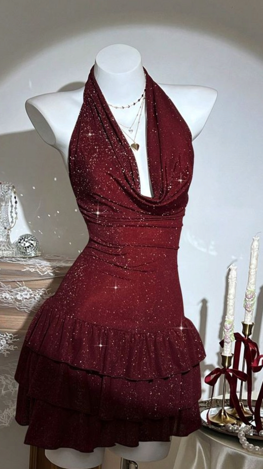 Halter A Line Burgundy Sparkle Homecoming Dress Short Birthday Dress  J11062