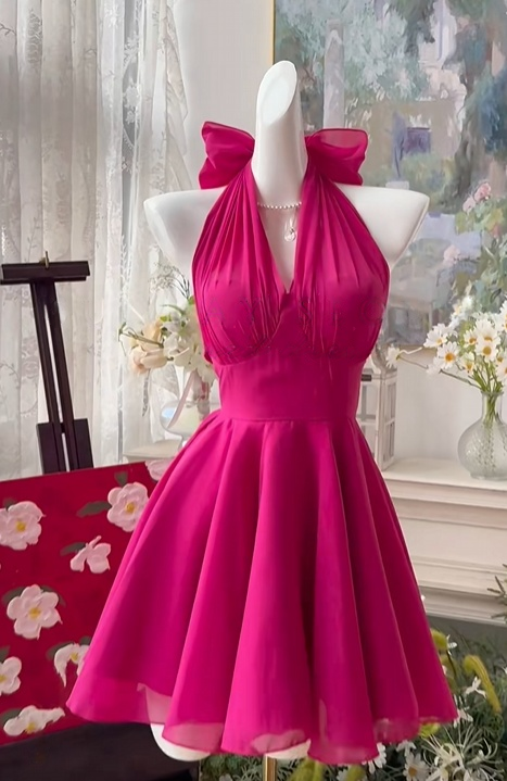 Halter A Line Hot Pink Chiffon Homecoming Dress  J10931