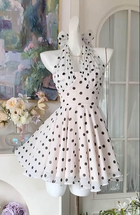 Halter A Line Ivory Polka Dots Chiffon Homecoming Dress Short Birthday Dress  J10925