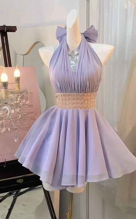 Halter A Line Lilac Chiffon Homecoming Dress Short Party Dress J10922