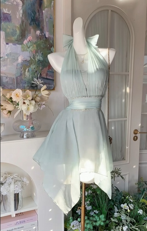 Halter A Line Mint Green Homecoming Dress Short Party Dress  J10961