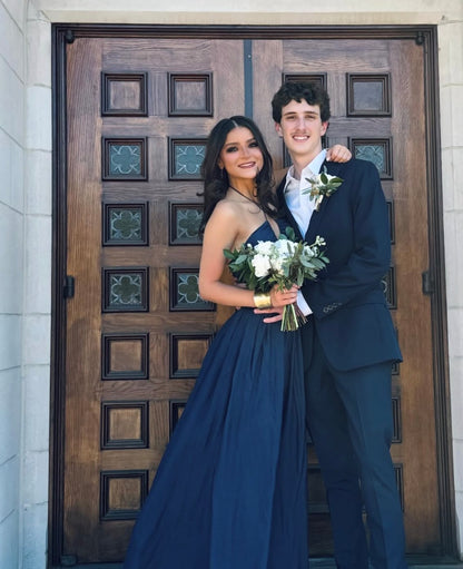 Halter A Line Navy Blue Prom Dress With Slit Formal Wedding Guest Gown  J10099
